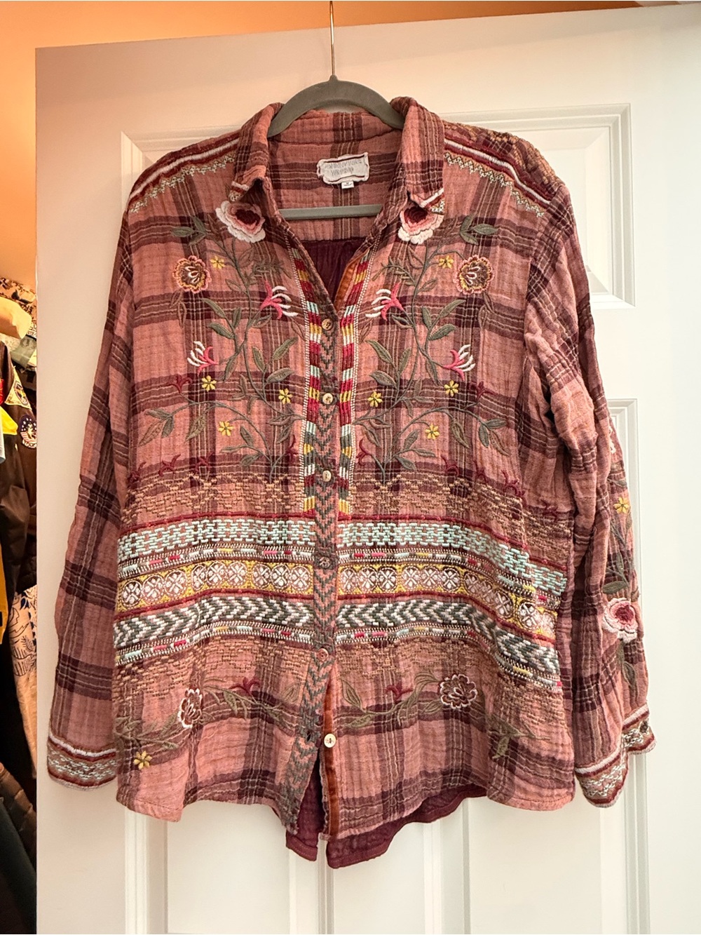 Johnny Was Dusty Rose Plaid Embroidered Button-Down Shirt
